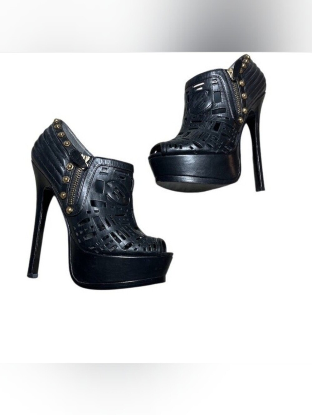 Monika Chiang Black Laser-Cut Platform Booties with Gold Studs